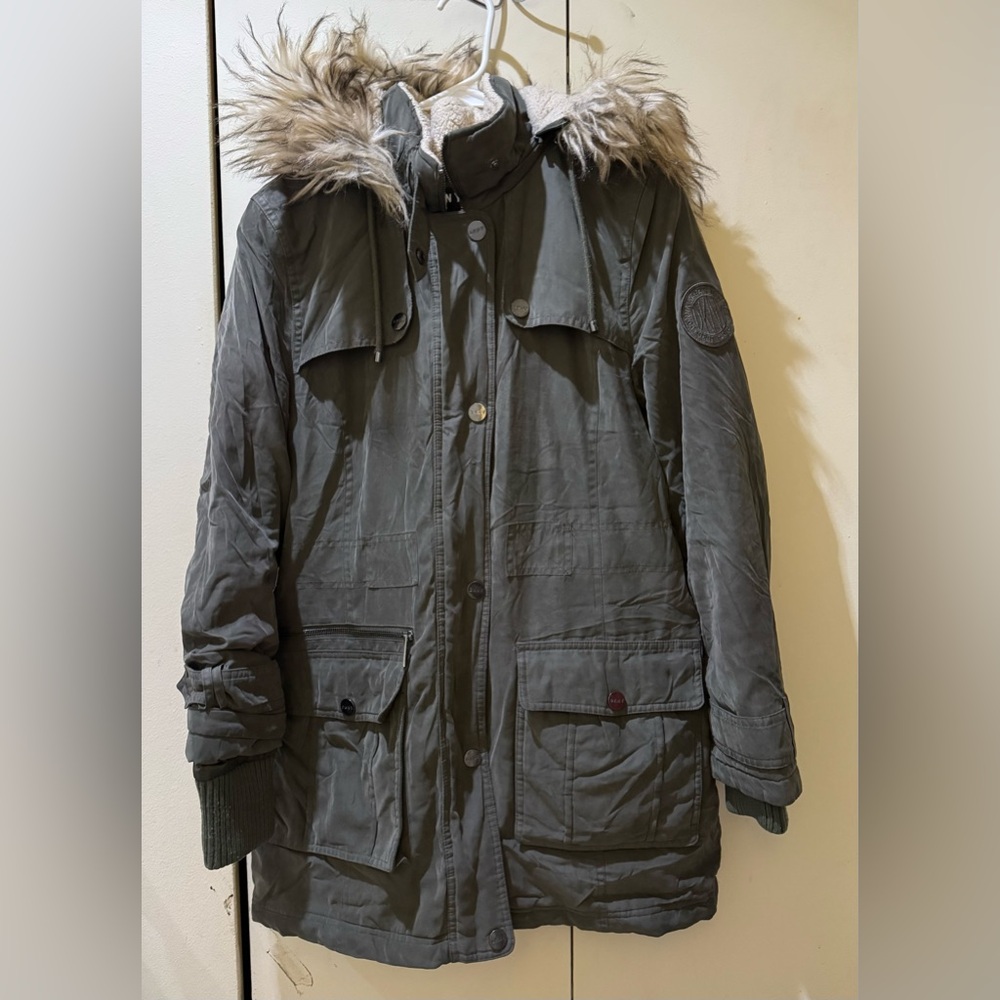 DKNY Olive Green Military Parka with Fur Hood